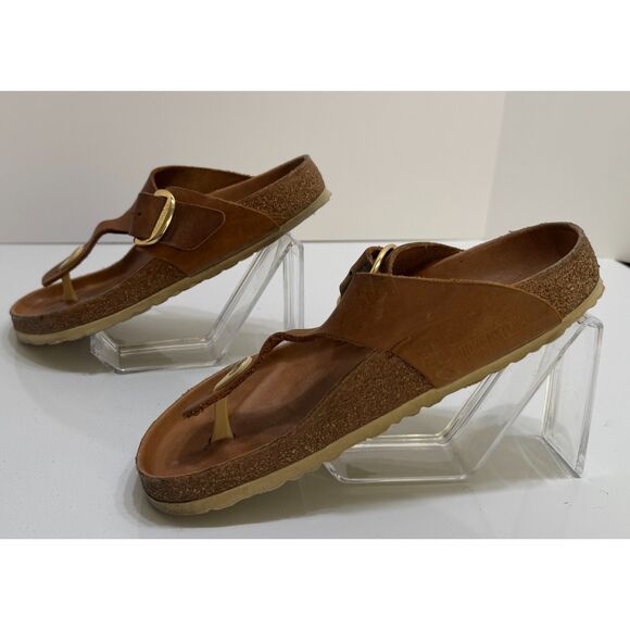 Birkenstock Cognac Oiled Leather Gizeh Gold Big Buckle Sandals Size Size M 6 W 8 - Picture 4 of 6